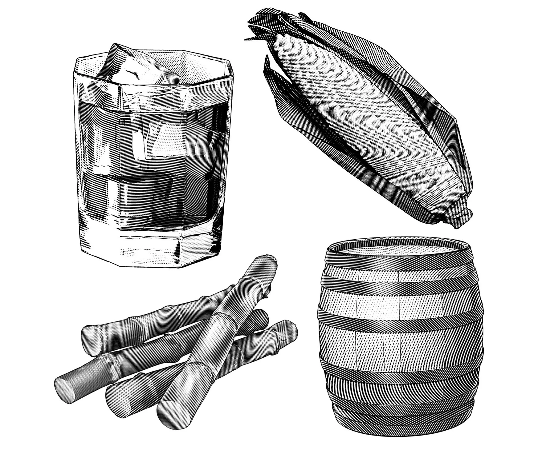 Cutline art, drink glass, corn, barrel, sugar cane