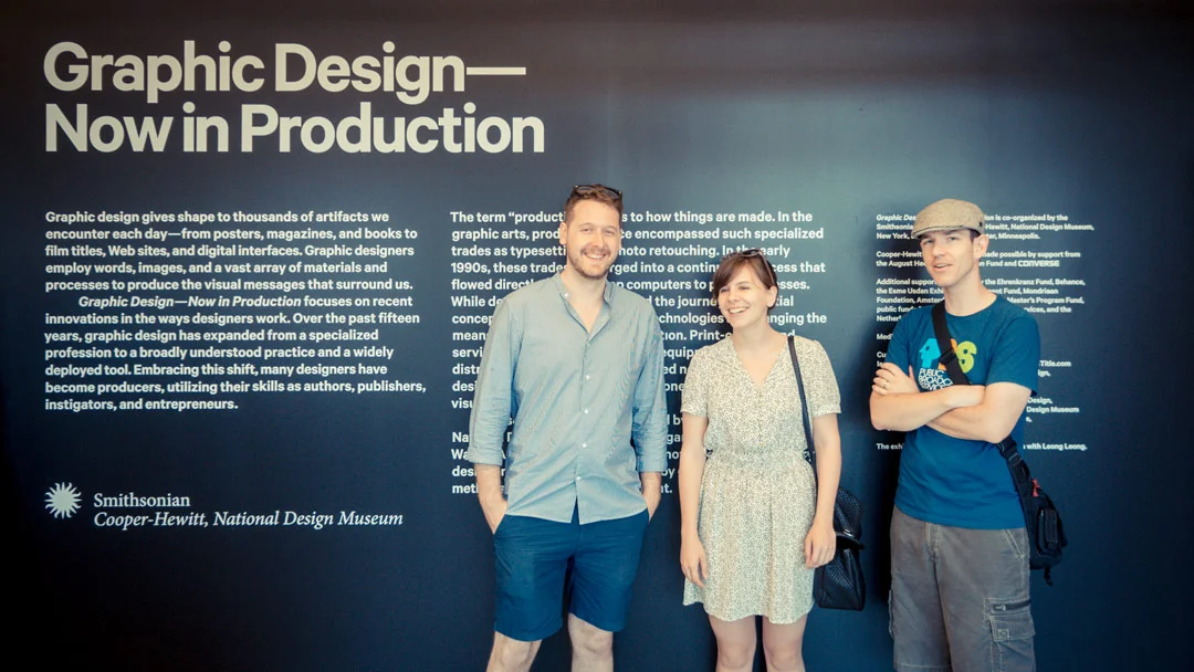 The Art of the Title team in 2012 at the Graphic Design—Now in Production exhibition on Governors Island, New York. From left: Senior Editor Will Perkins, Managing Editor Lola Landekic, and Founder Ian Albinson.