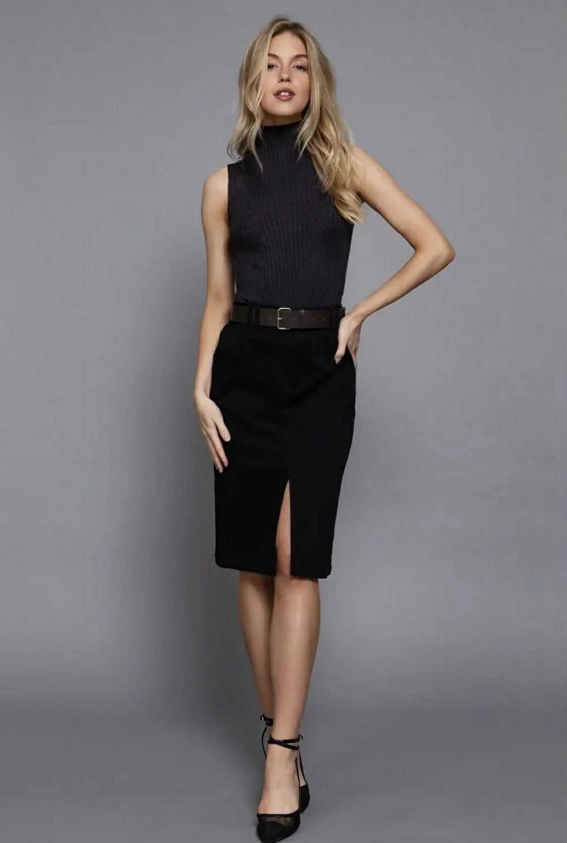 Sleeveless High Neck Rib Sweater Top