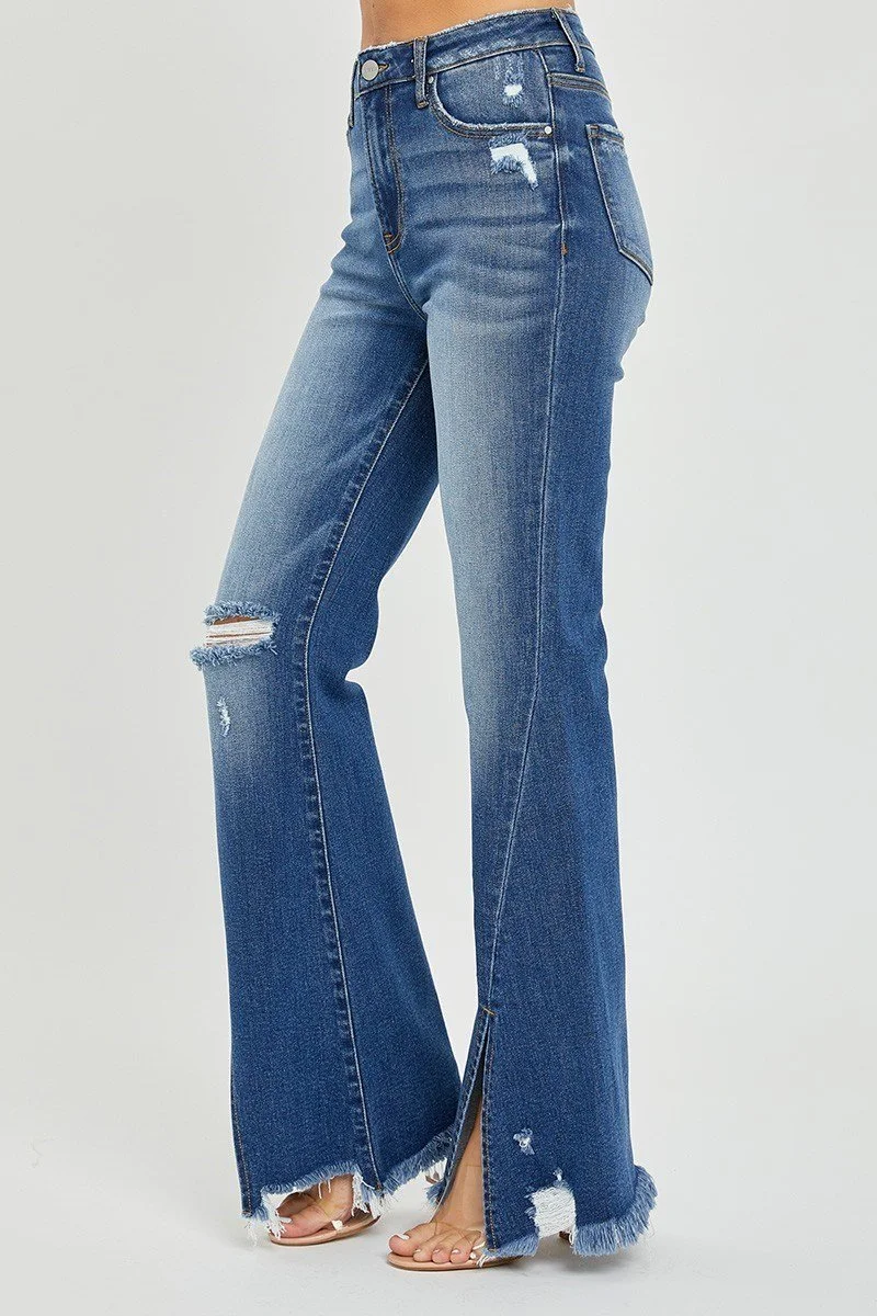 Trendy High Rise Flare Jeans with Front Slit