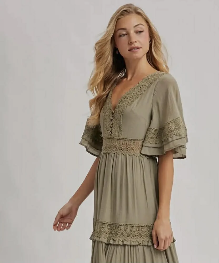 Elegant Olive Lace Midi Dress