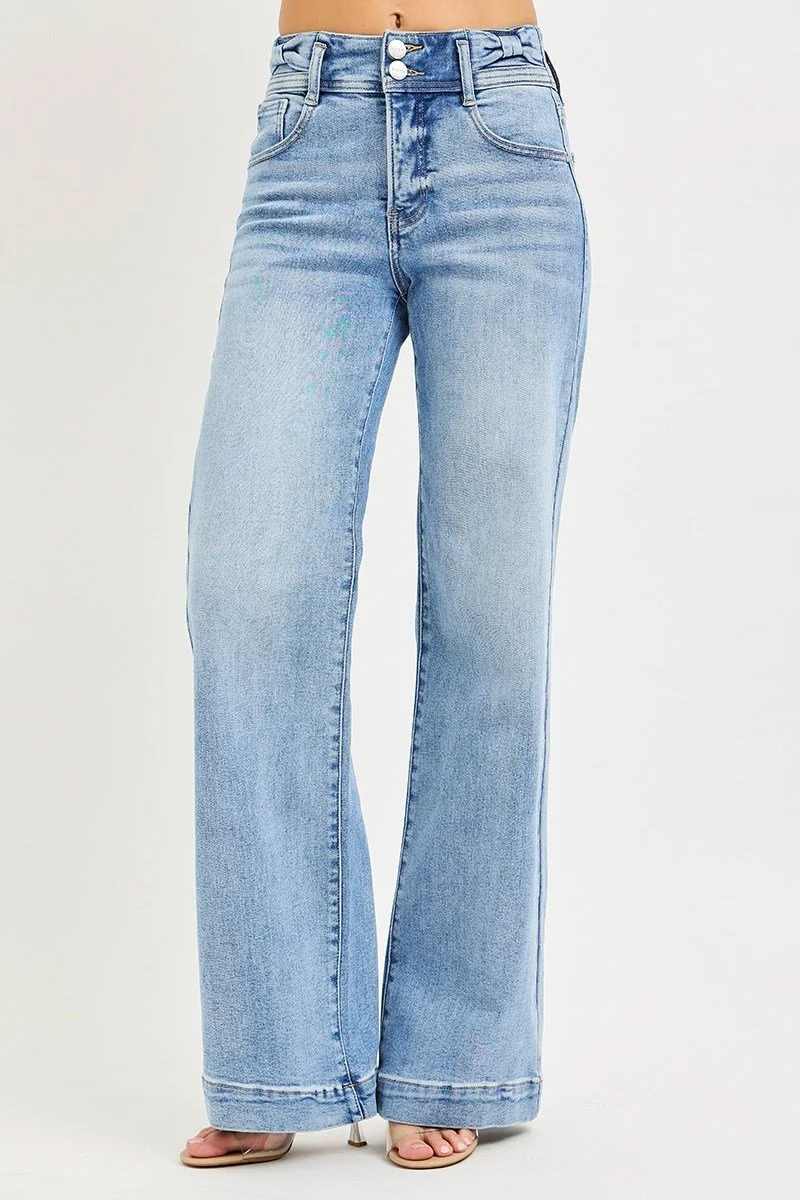 Tummy Control High Rise Wide Leg Jeans with Bow Waistband