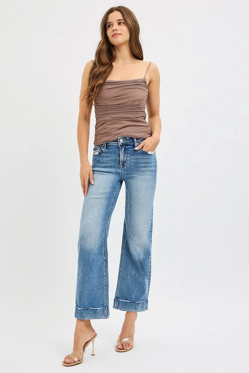 Mid Rise Crop Straight Jeans with Taylor Cuff