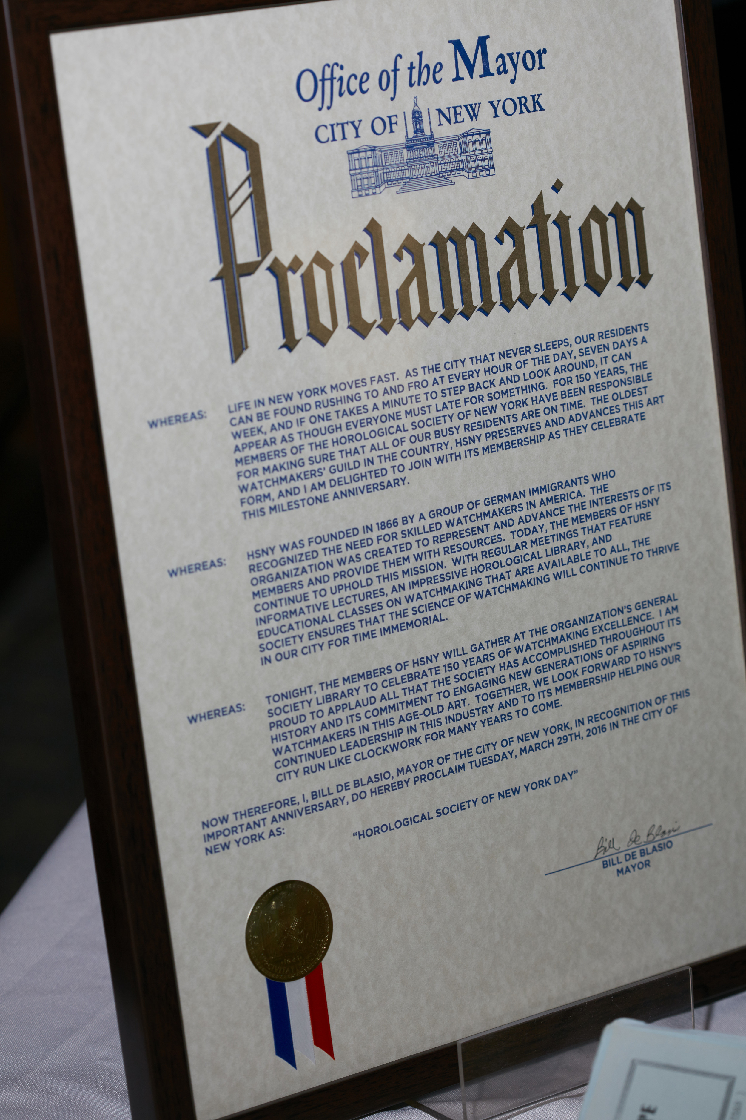 Proclamation from NYC Mayor Bill de Blasio naming March 29, 2016 as "Horological Society of New York Day"