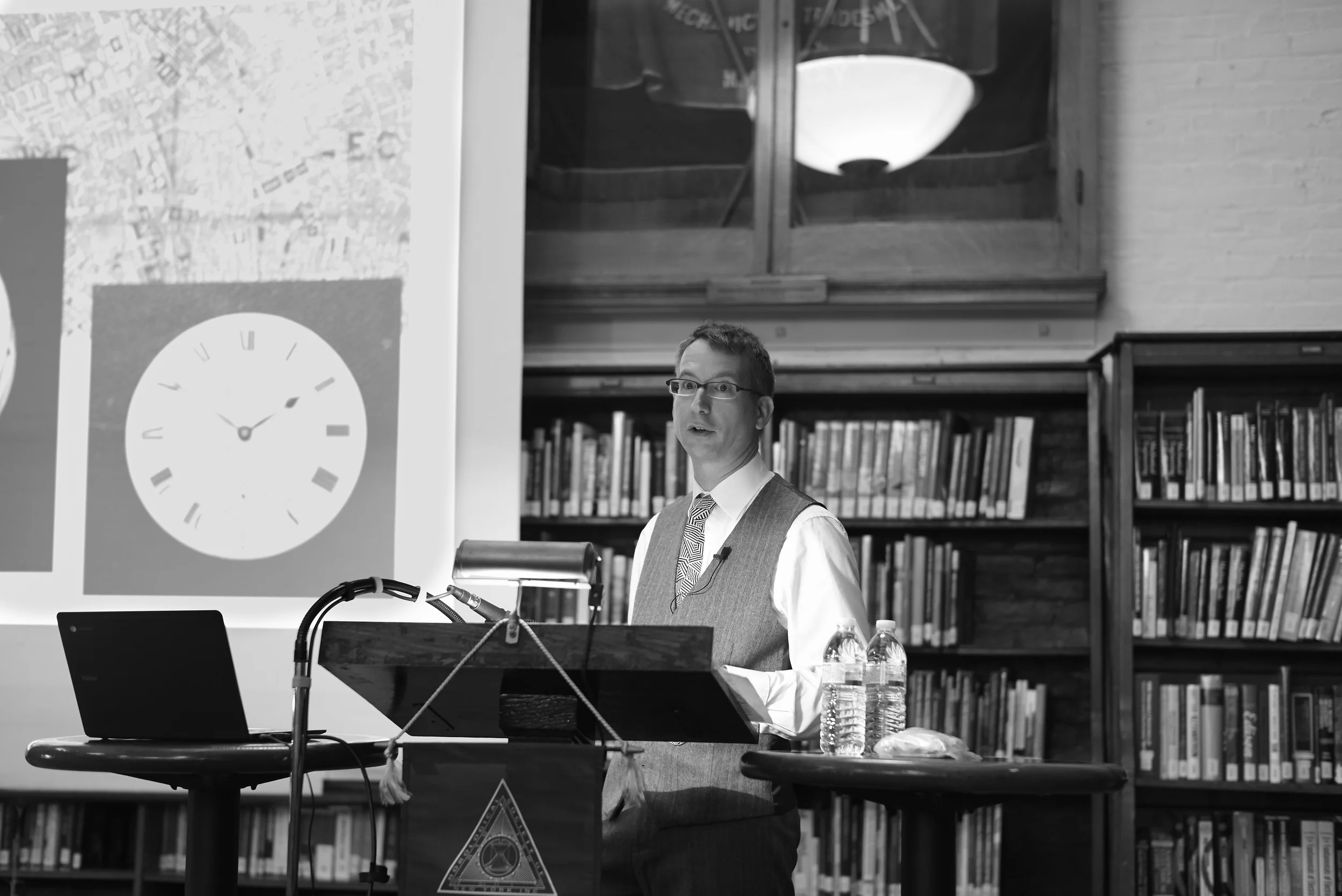 Seth Kennedy (Antiquarian Horologist, London) lecturing at HSNY - July 5, 2016. Photo by Atom Moore