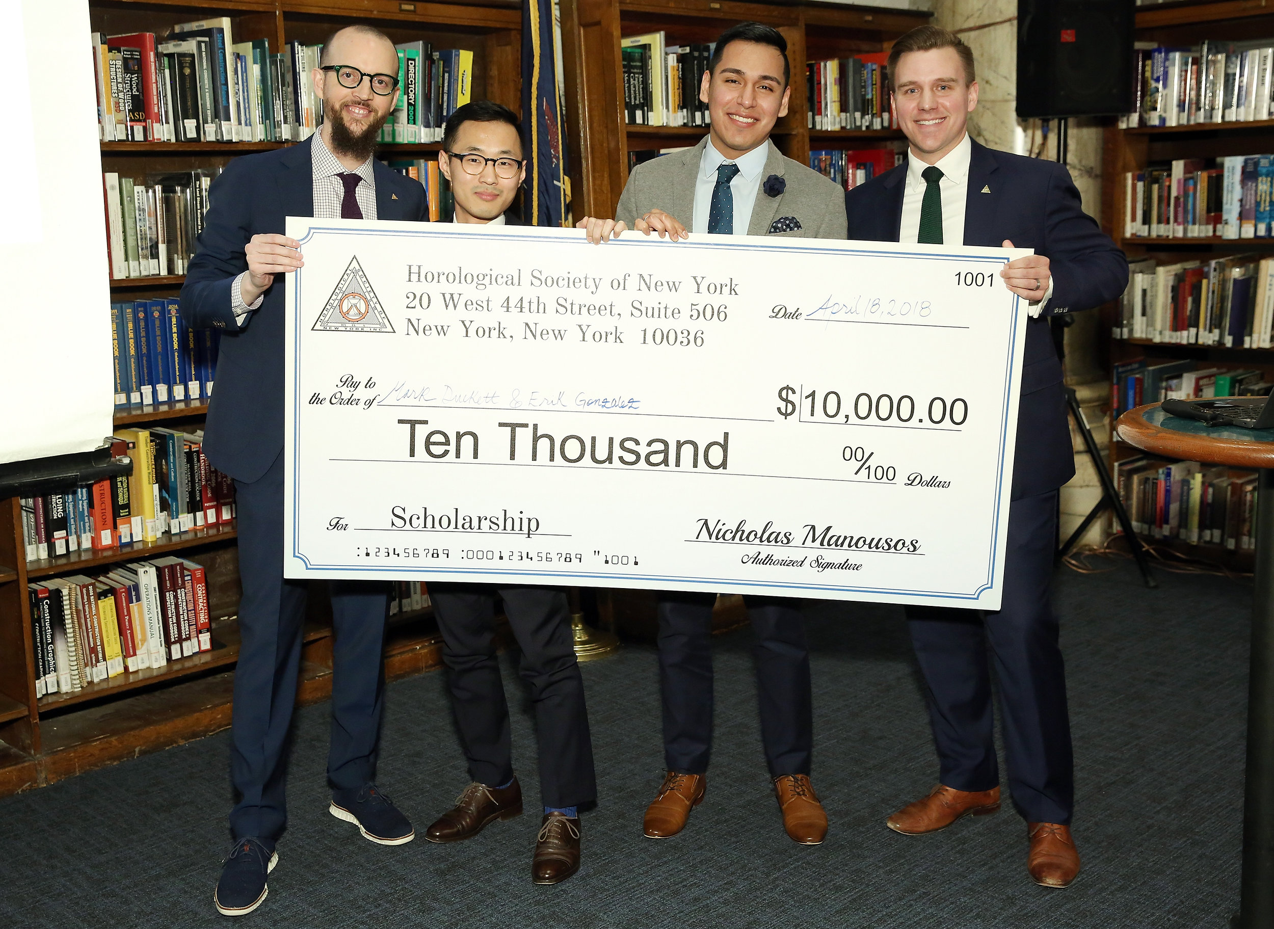 Nicholas Manousos (HSNY's President, left) and Steve Eagle (HSNY's Director of Education, right) presenting the 2018 Henry B. Fried Scholarship to Mark Duckett (middle left) and Erik Gonzalez (middle right).