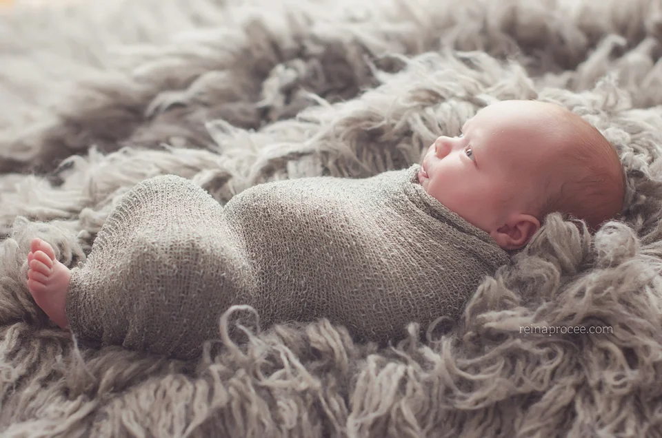 newborn baby in grey wrap lying in grey fur