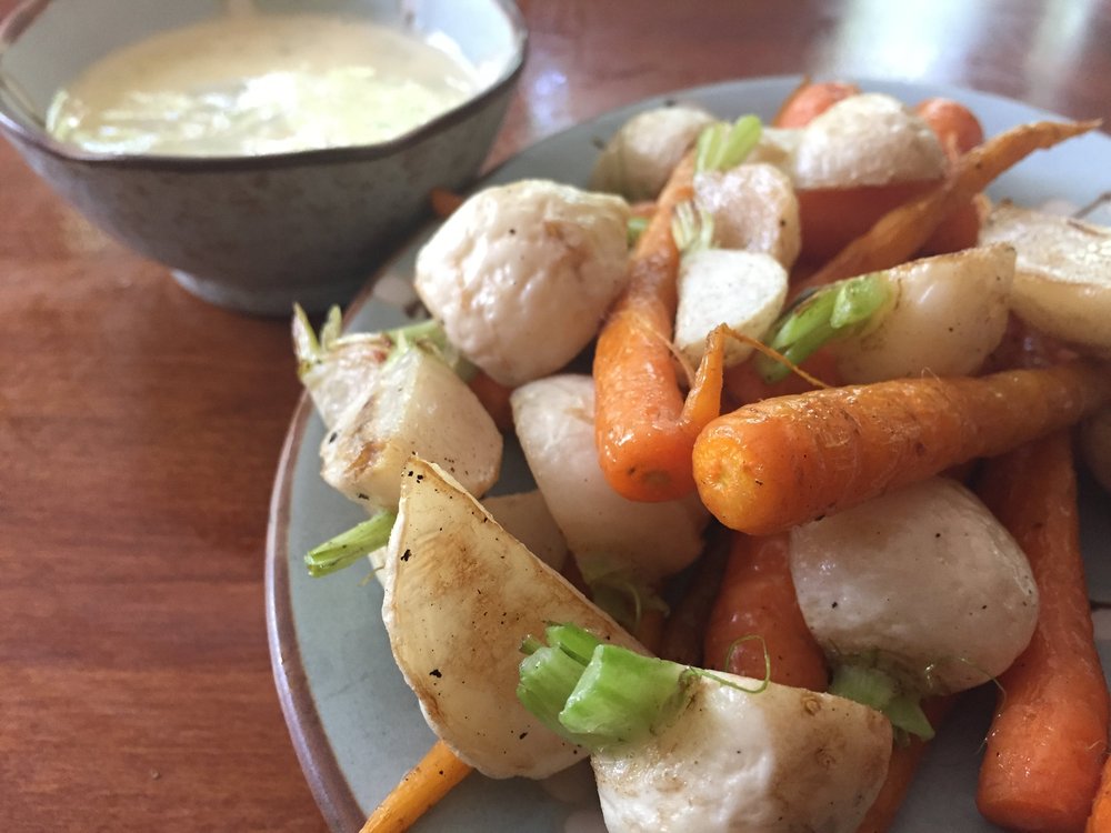 Roasted Baby Carrots and Hakurei Turnips with Green Garlic Aioli