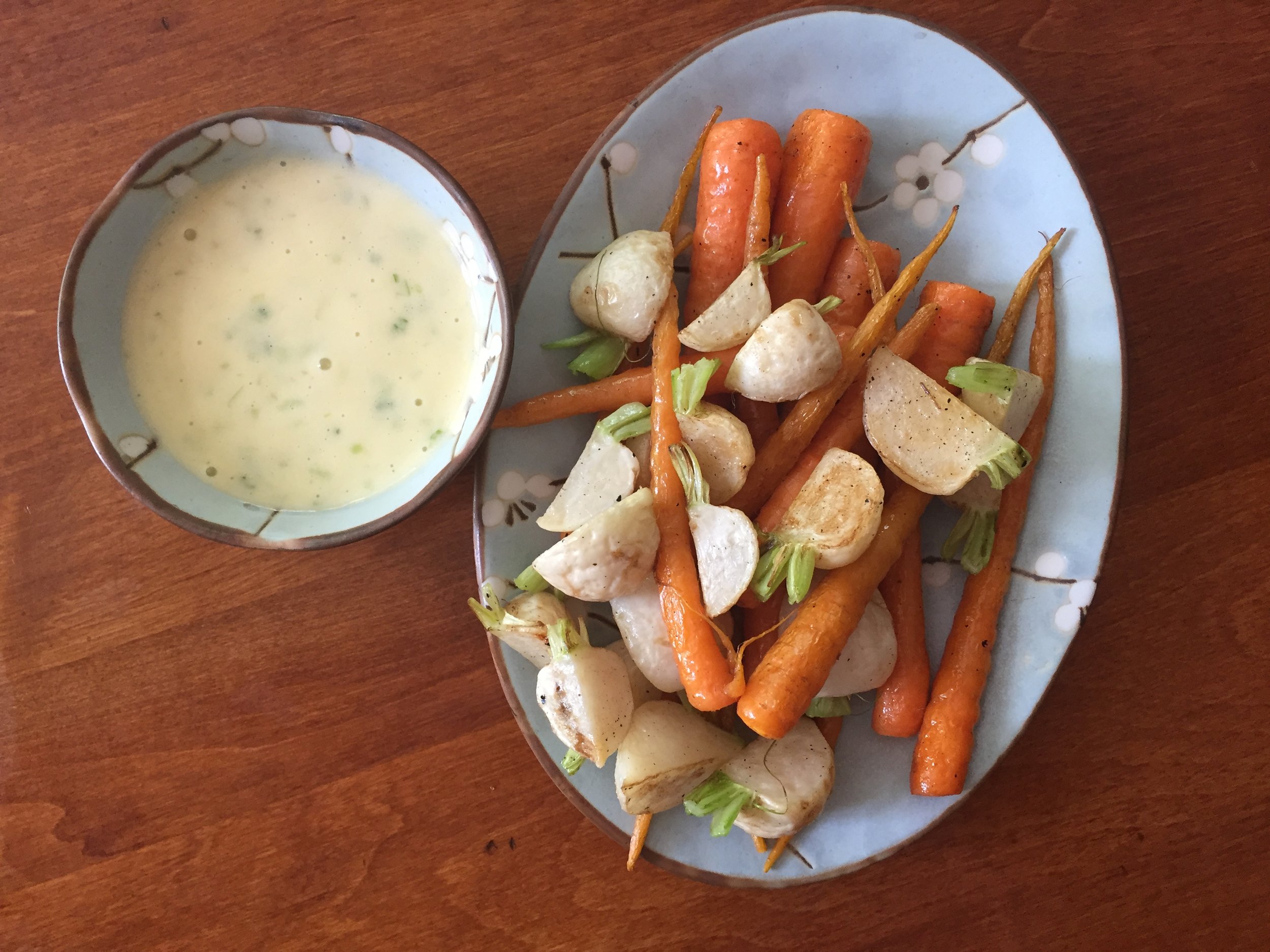 Roasted Baby Carrots and Hakurei Turnips with Green Garlic Aioli
