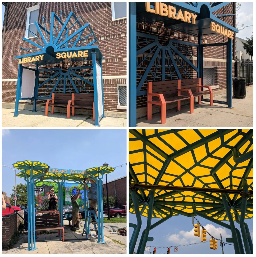  Working with the Friends of Library Square, the  Southeast Community Development Corporation  helped create and install two new sculptural bus stops in Library Square. Using my logo as inspiration, the shelters were designed by the  Neighborhood Des