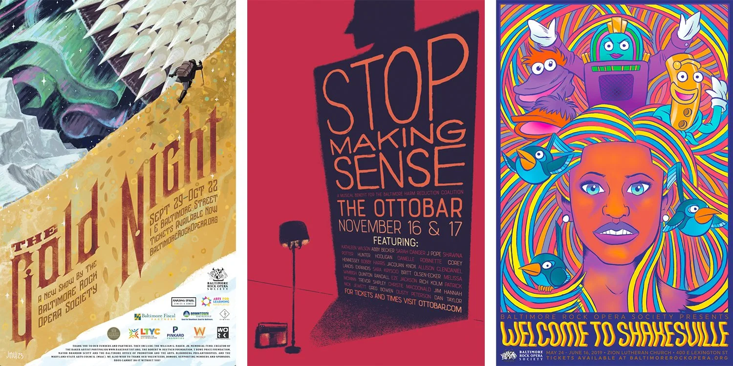   From left to right:   The Gold Night  | Art by Jabari Weathers, Typography and Layout by Shannon Light Hadley  Stop Making Sense  | Art, Typography and Layout by Shannon Light Hadley  Welcome to Shakesville  | Art by John de Campos, Typography and 