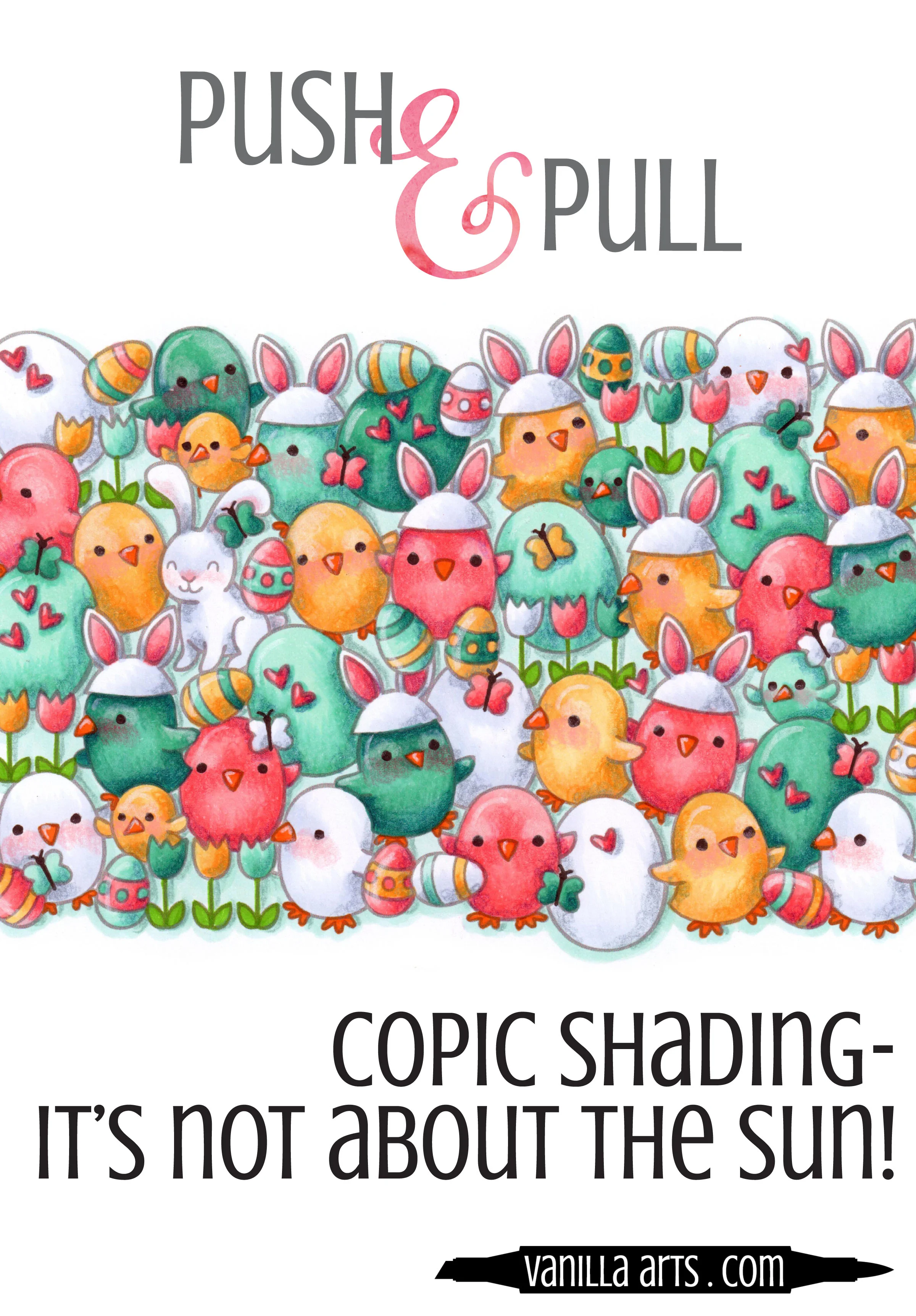 Confused about shade? Stop drawing arrows and worrying about which direction the sun is coming from. Shade can be as simple as pushing or pulling. Copic coloring lessons that make sense! Ideal for beginners and self taught colorers. | VanillaArts.com