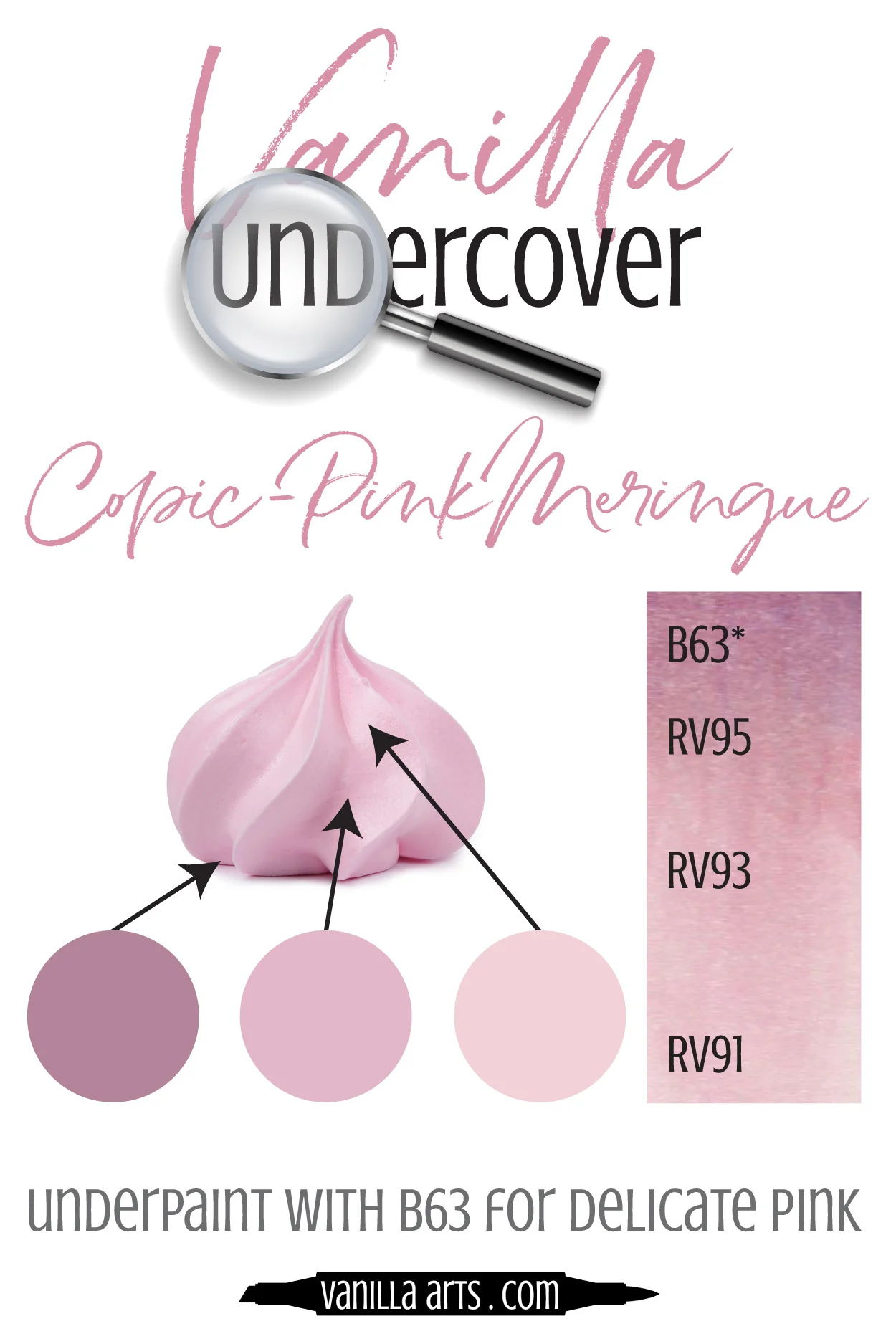 Add dimension and realism by underpainting with Copic Markers! Use B63 underneath your RV's (Red-Violet) blending combination to capture the look of light, frothy Pink Merengue. | VanillaArts.com | #copicmarker #realisticcoloring #underpainting