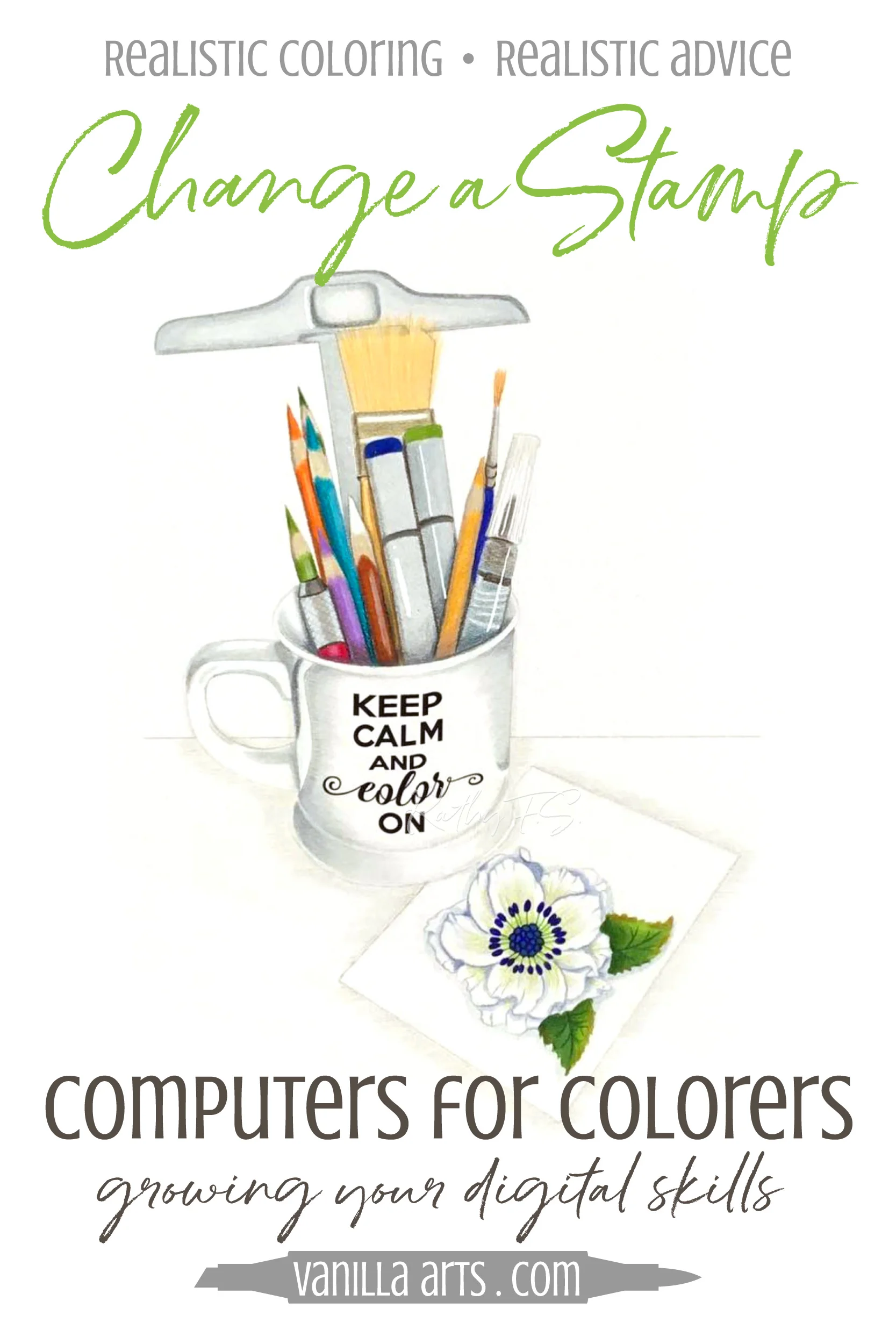 Bored with the same old coloring books or rubber stamps? Do you dream of coloring unique and custom projects with Copic Markers, colored pencils, or watercolor? Let’s expand your computer skills to create amazing digital stamp projects. Computers for Colorers teaches you step by step! | VanillaArts.com | #digitalstamp #howtocolor #copicmarker