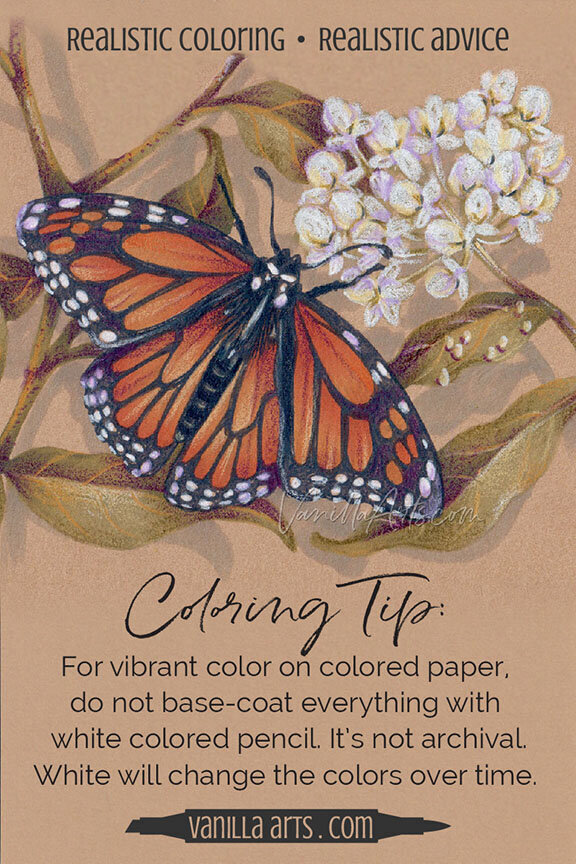 Avoid colored pencil tutorials which recommend white base-coats. White pencil pigment will change the look of the layers above it as the project ages and the pigment settles. This technique is NOT arc