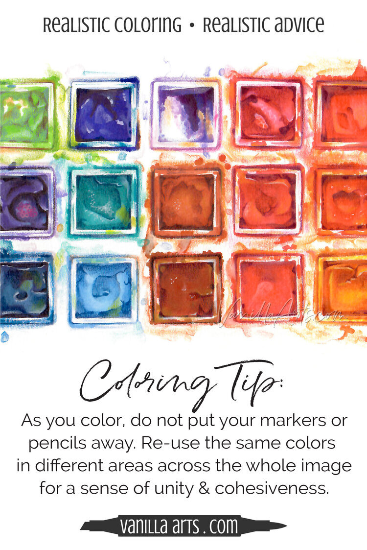 Coloring Tip: Create beautiful and professional looking coloring projects with Copic Markers and colored pencils by repeating the same colors throughout the entire image. Cohesive coloring looks well planned and balanced. | VanillaArts.com | #colore