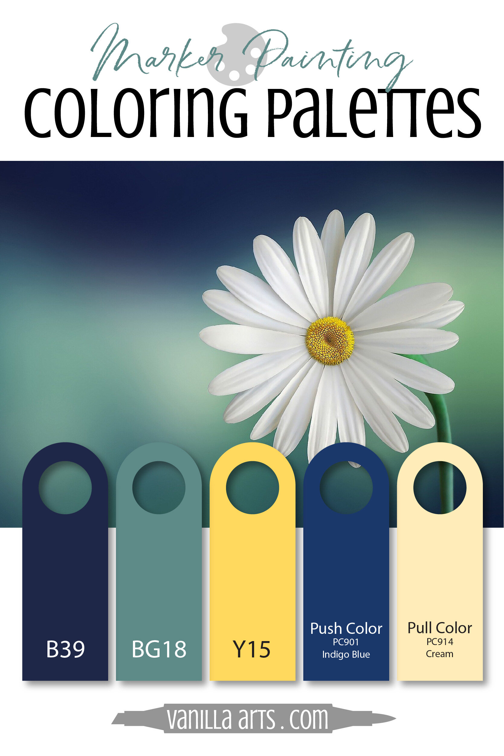 Color Palette: Copic Marker + Colored Pencil Combination (Blue, Teal,  Yellow) — Vanilla Arts Co.