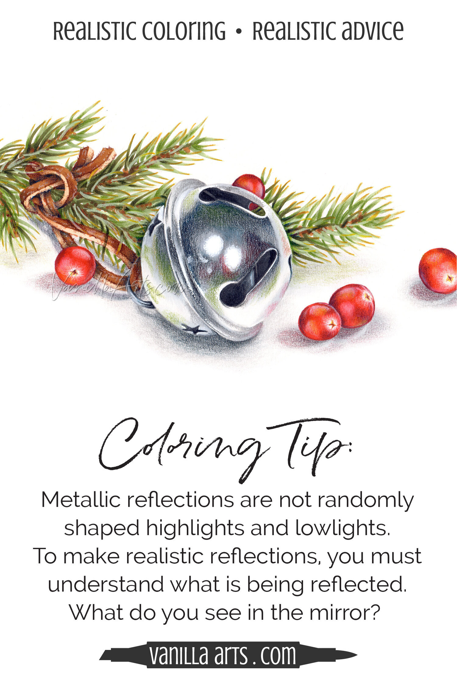  Coloring Tip: Reflections are not highlights! Add realism to Copic Marker and colored pencil projects, rendering lifelike mirror reflections on metal, glass, and other shiny surfaces. | VanillaArts.com | #coloredpencil #copic #howtocolor 