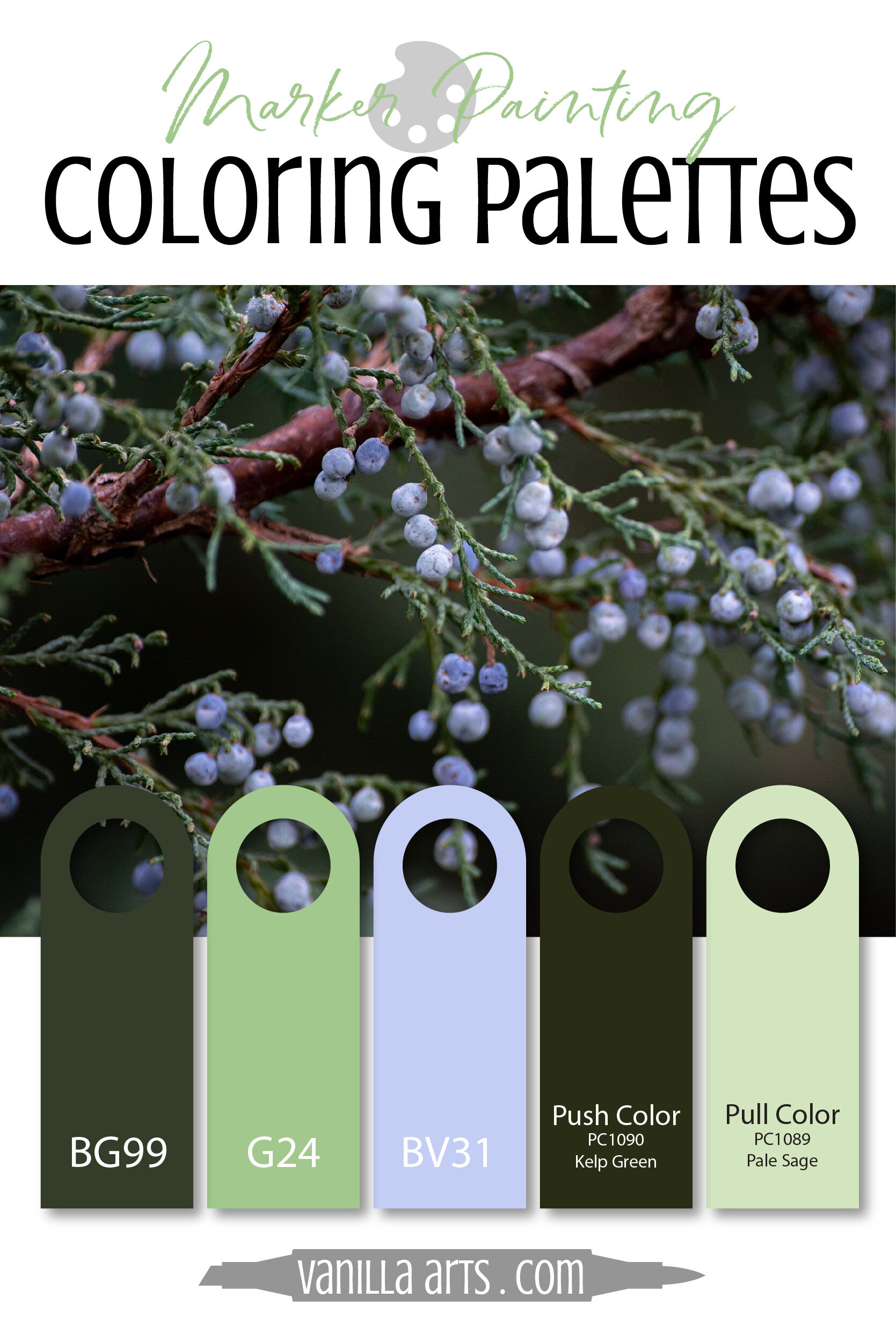 Color Palette: Copic Marker + Colored Pencil Combination (Green, Periwinkle)
