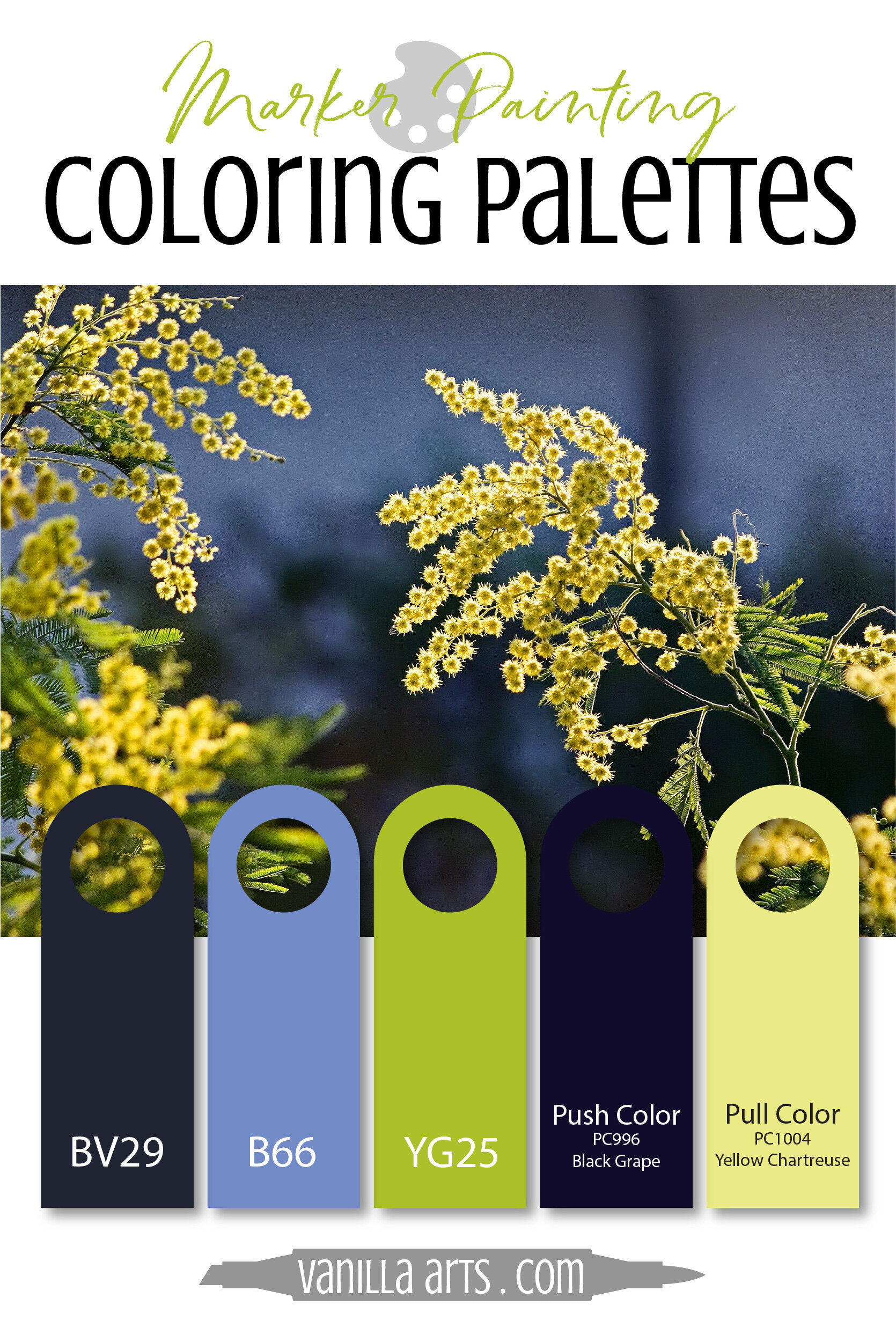 Color Palette: Copic Marker + Colored Pencil Combination (Blue, Chartreuse)  — Vanilla Arts Co.