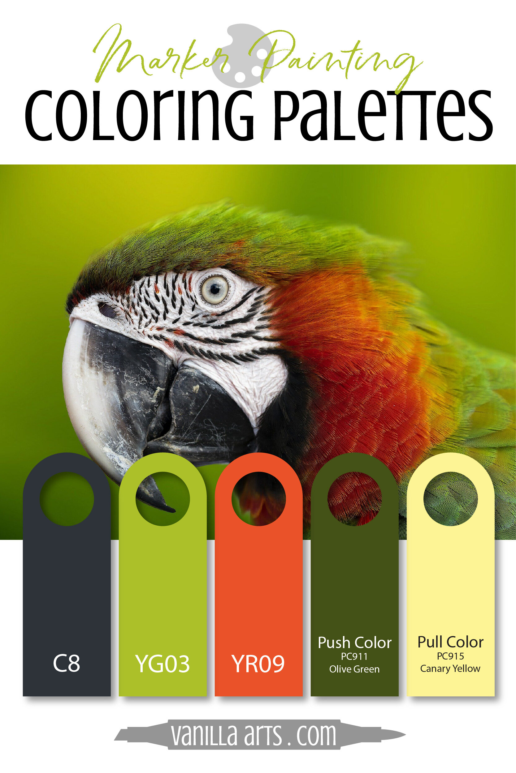 Color Palette: Copic Marker + Colored Pencil Combination (Gray, Green, Orange)