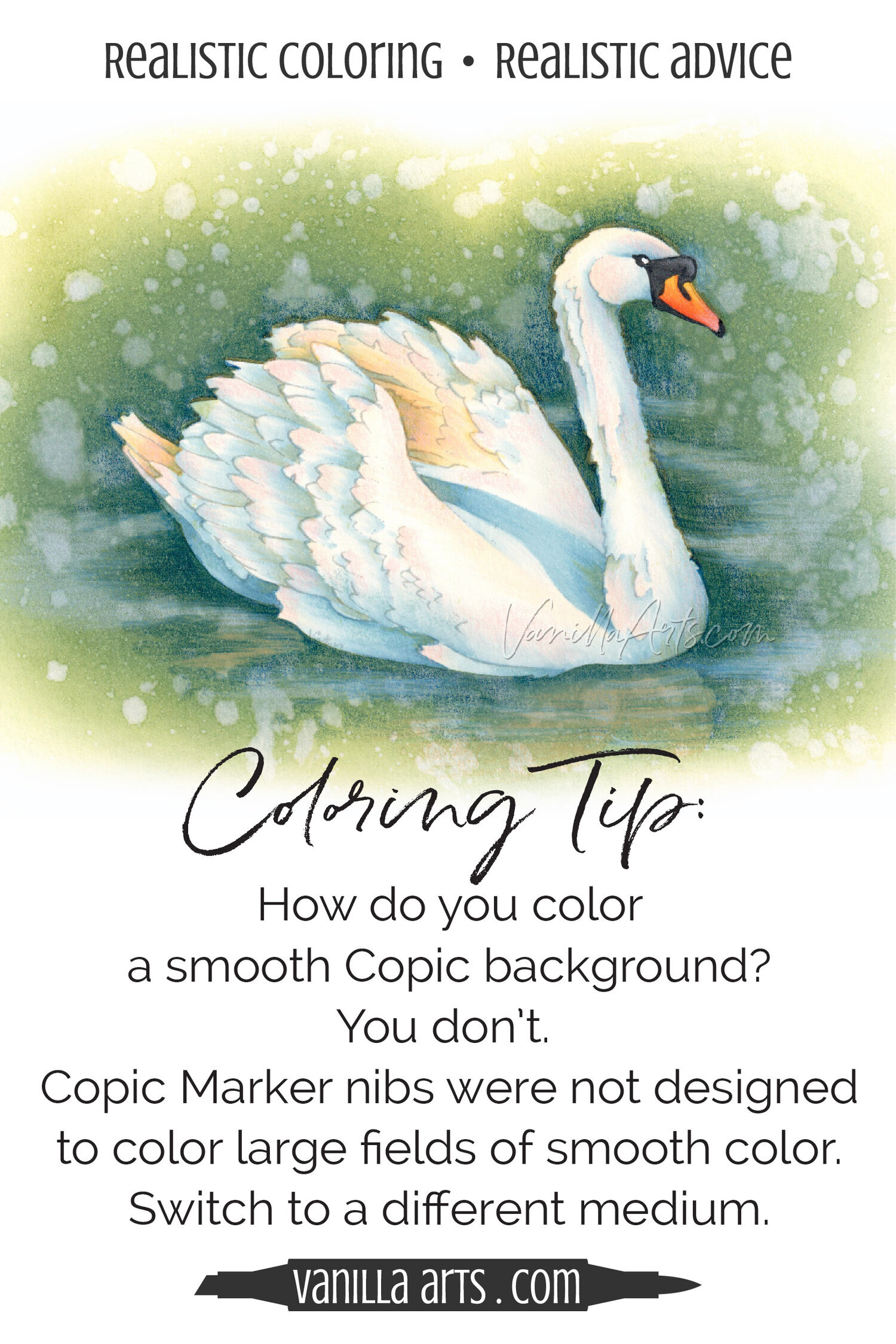 Coloring Tip: Copic Markers were not designed to color large areas smoothly. To color big backgrounds with no streaks or stripes, you may need to switch mediums. Learn more about smooth backgrounds. |