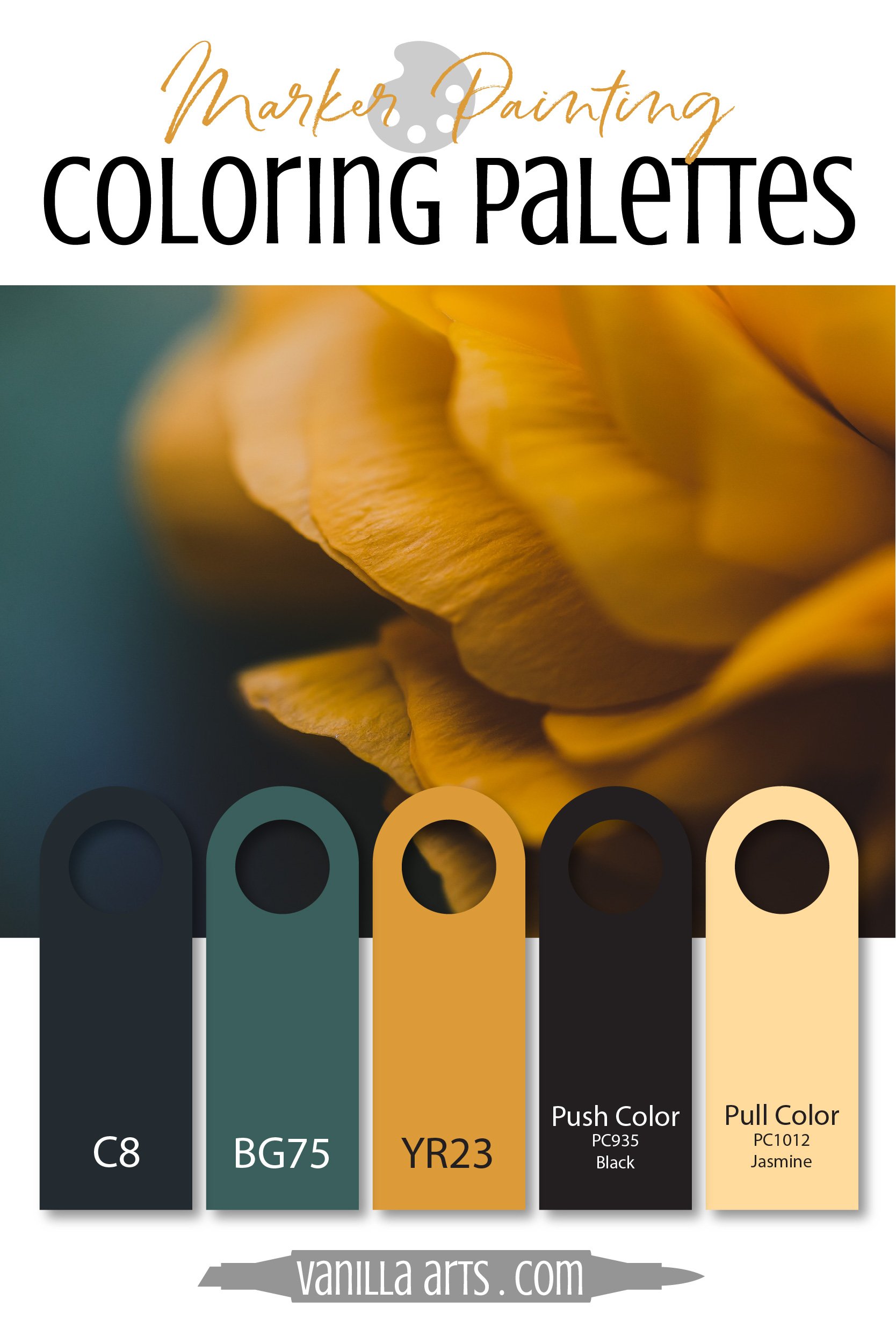 Color Palette: Copic Marker + Colored Pencil Combination (Gray, Teal, Gold)  — Vanilla Arts Co.