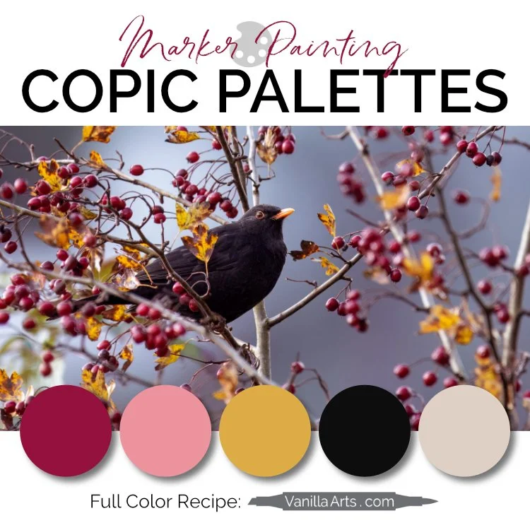 Color Palette: Copic Marker + Colored Pencil Combination (Violet, Brown, and Deep Green) Starling Song