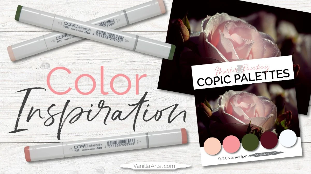 "Blush Rose”, a color palette for Copic marker and color pencils. Pale pink, pink, and dark green inspired by this floral photograph. See the full palette recipe here.