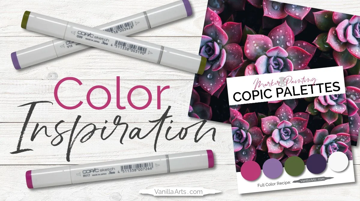 "Magenta Succulent”, a color palette for Copic marker and color pencils. Magenta, violet, and olive green inspired by this botanical photograph. See the full palette recipe here.