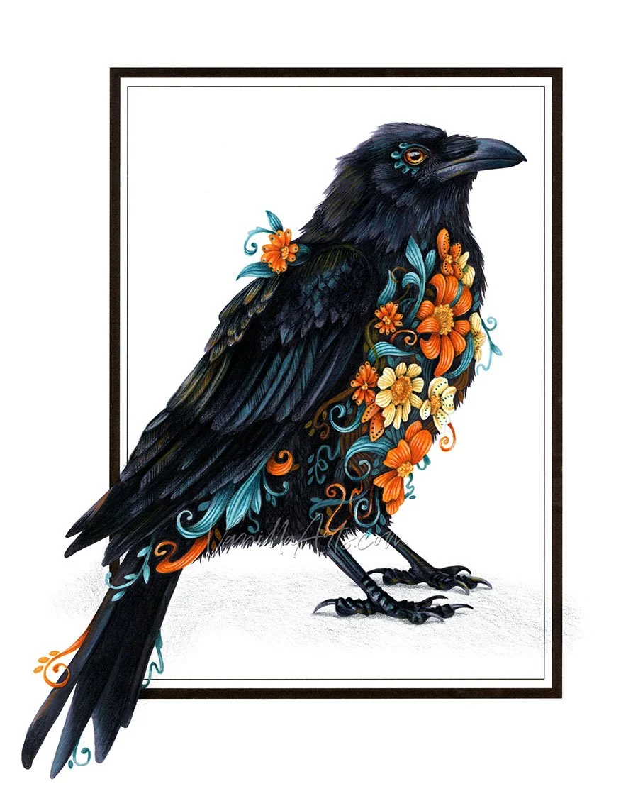 “Sugar Raven”, advanced alcohol marker + colored pencil. Realism adult coloring lessons. | VanillaArts.com