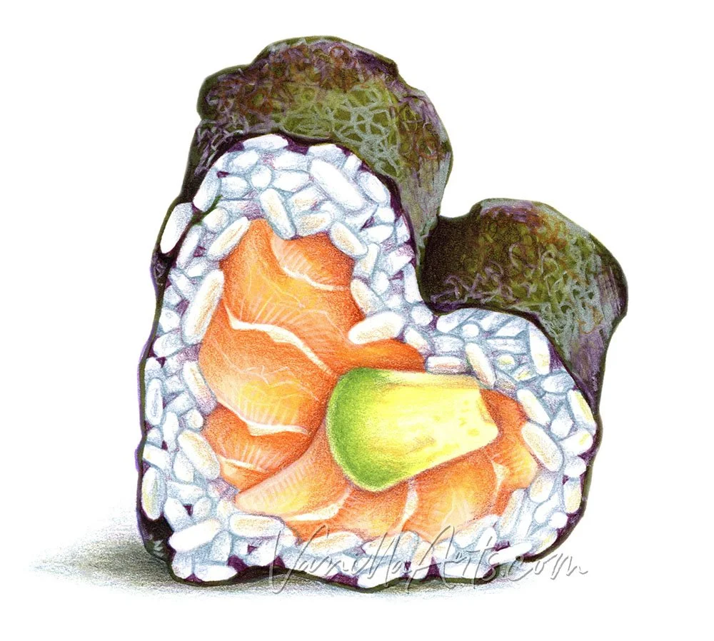 “Sushi Heart”, intermediate alcohol marker + colored pencil. Realism adult coloring lessons. | VanillaArts.com