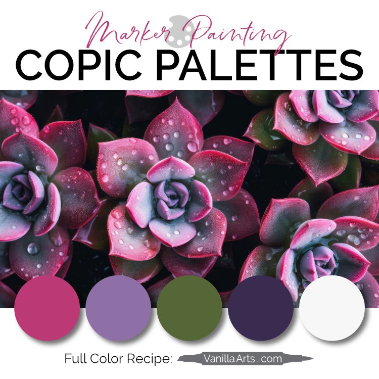 "Magenta Succulent”, a color palette for Copic marker and color pencils. Magenta, violet, and olive green inspired by this botanical photograph. See the full palette recipe here.