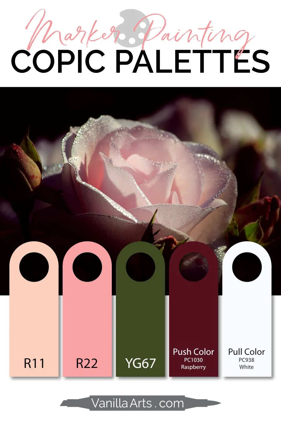 "Blush Rose”, a color palette for Copic marker and color pencils. Pale pink, pink, and dark green inspired by this floral photograph. See the full palette recipe here.