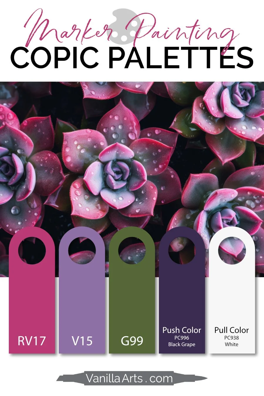 "Magenta Succulent”, a color palette for Copic marker and color pencils. Magenta, violet, and olive green inspired by this botanical photograph. See the full palette recipe here.