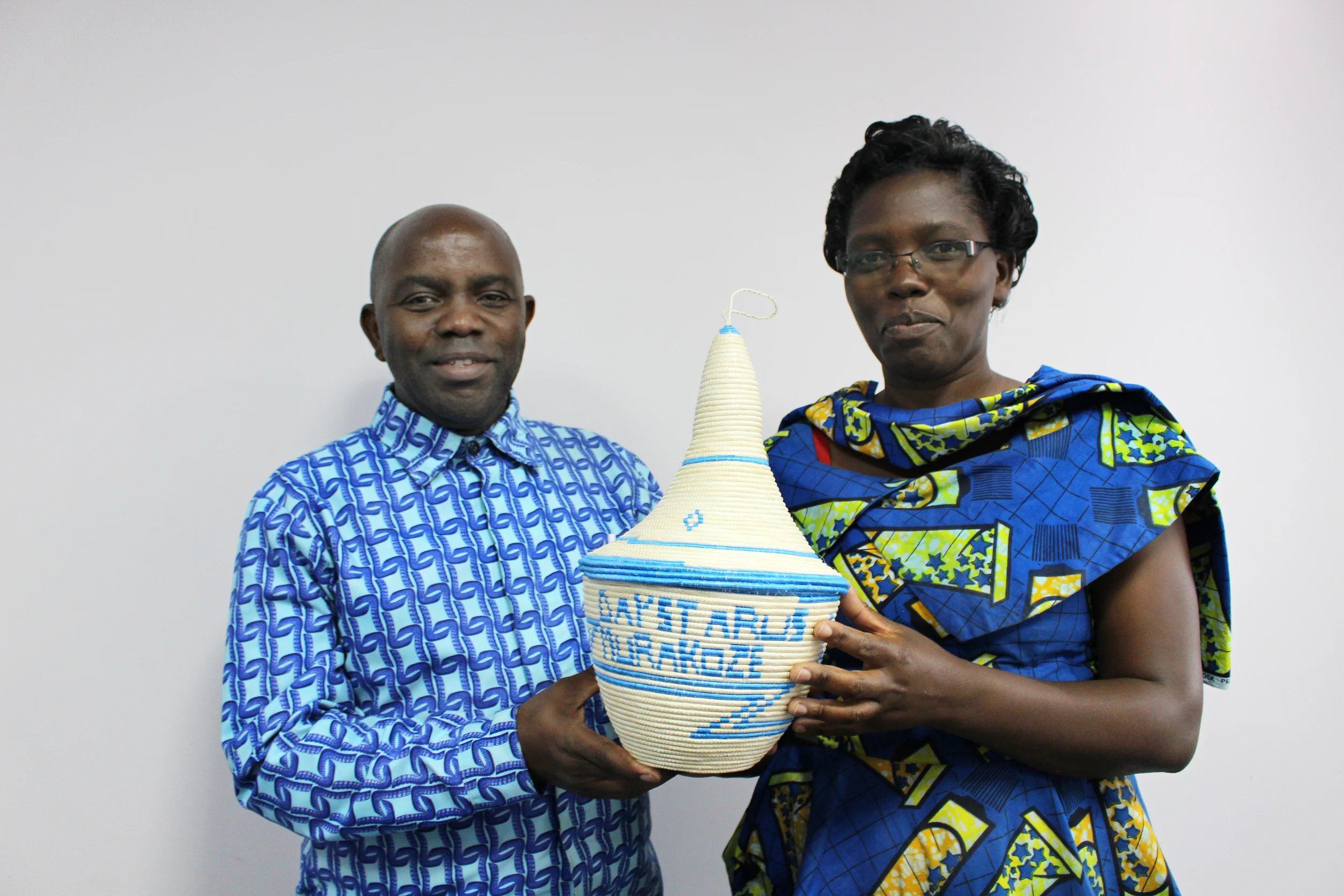 Evariste and his wife Gertrude are both Daystar alumni. The Daystar U.S. office supported both of their educations with scholarships. To show their gratitude they presented us with this homemade basket that reads, “Daystar US murakoze”. Murakoze means thank you in Burundi.