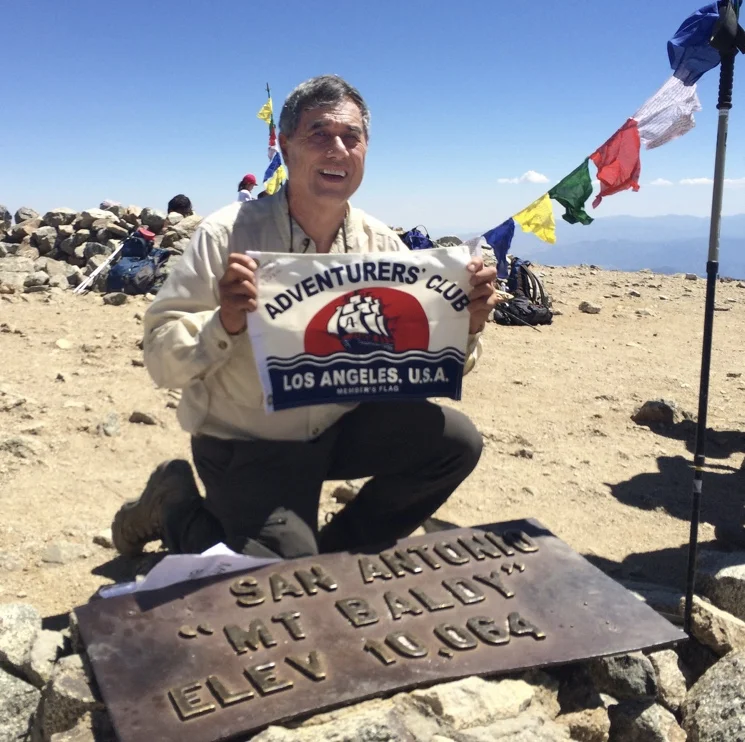 The Adventurers’ Club of Los Angeles member, Shane Berry, on top of Mt. Baldy on his 70th Birthday!