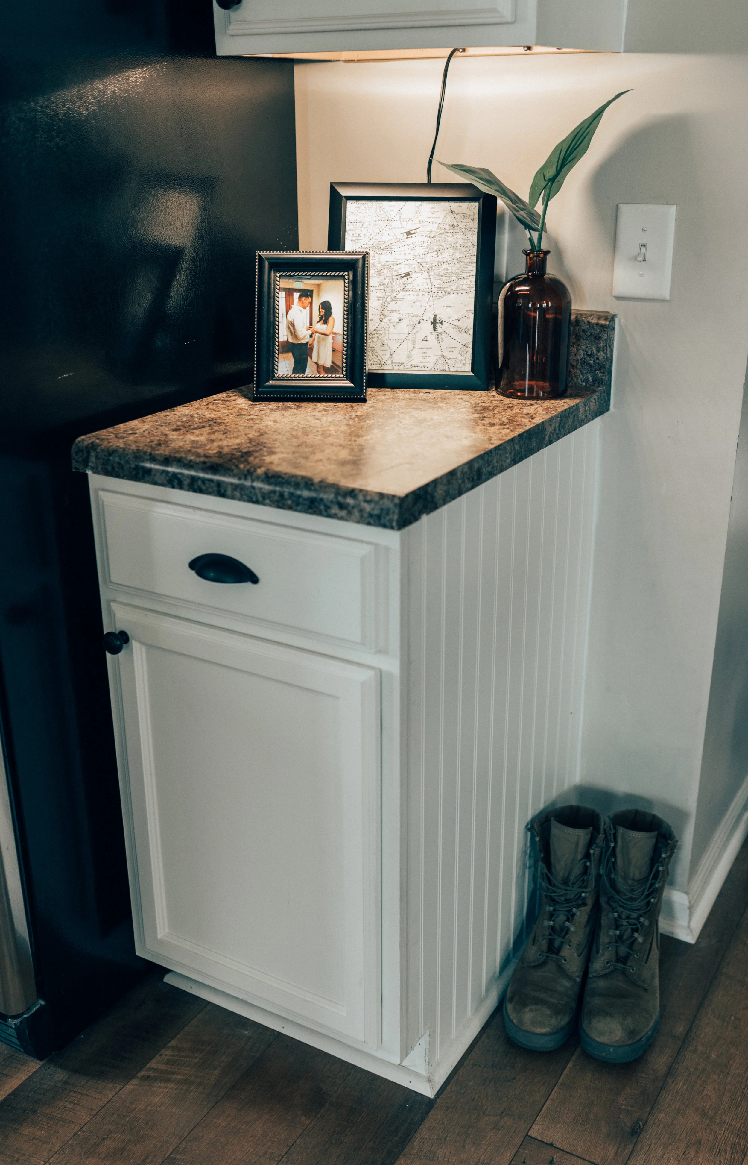 Our only wedding picture sits proudly in our countertop!