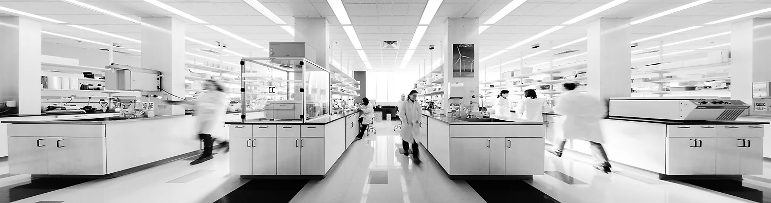 Super wide panorama of a new lab - a dozen images stitched together to create a huge file - used as a forty-foot wall mural