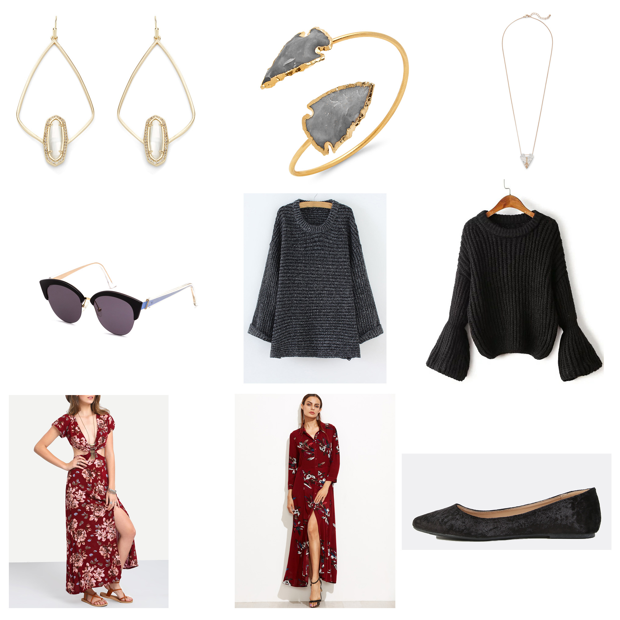 Outfit Links: Earrings , Cuff , Necklace , Sunglasses , Sweater , Alternative Sweater , Dress , Alternative Dress , Shoes