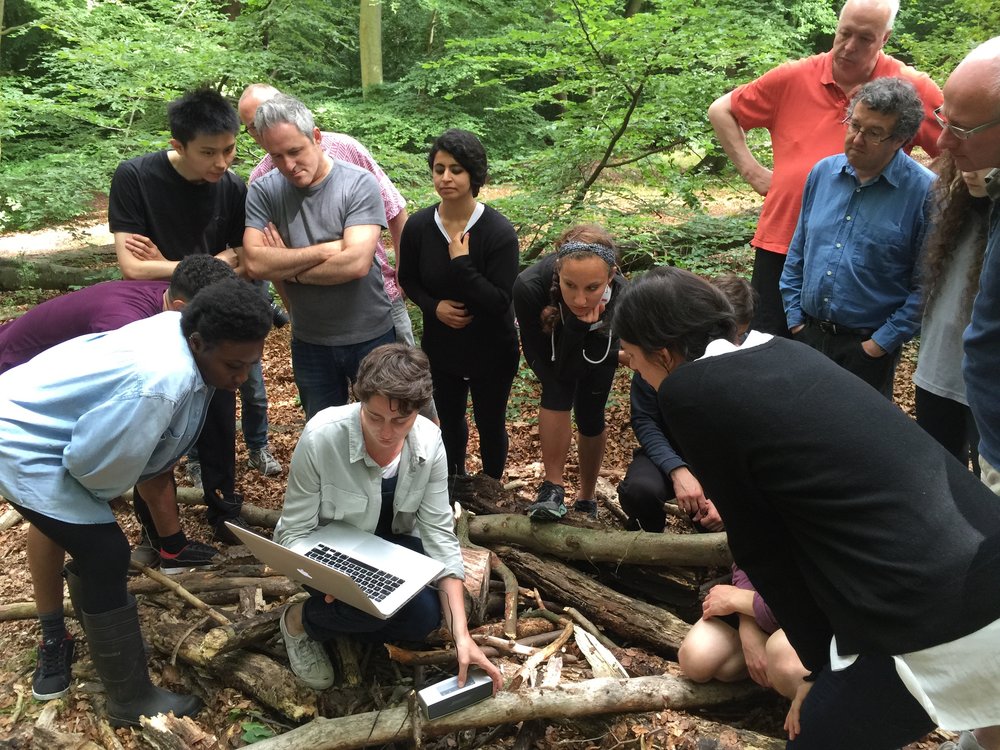 Recording in Epping Forest (with laptop, associate director Jemima James)