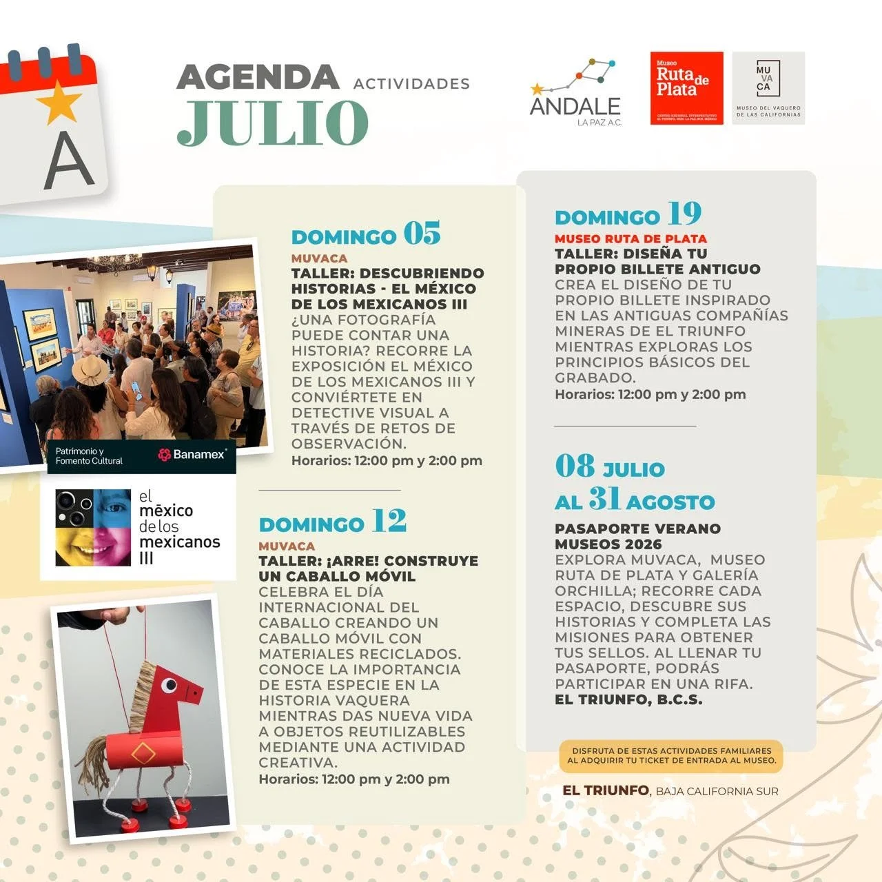 Calendario de actividades de Ándale La Paz para julio de 2026.