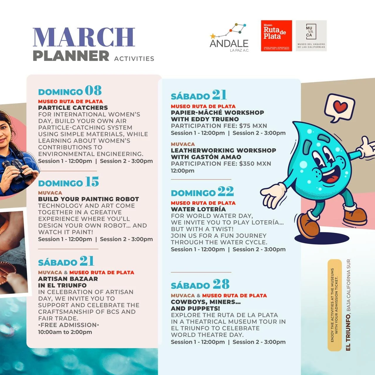 Calendar of Ándale La Paz activities. March 2026.