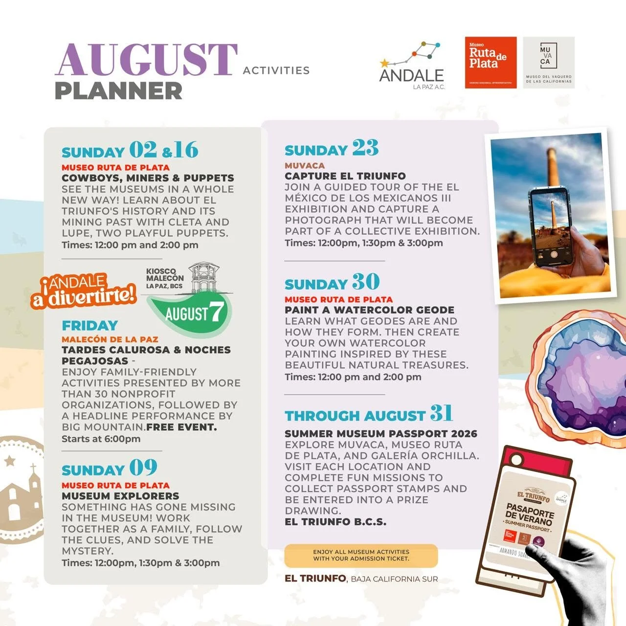 Ándale La Paz calendar of activities in the municipality of La Paz for August 2026.