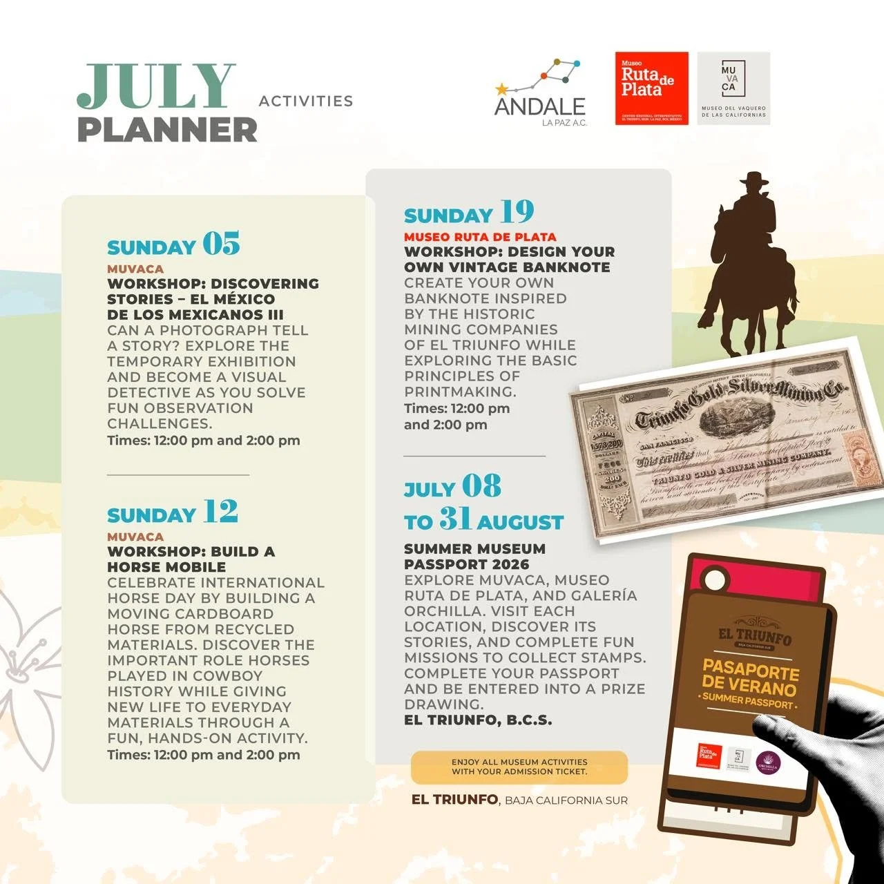 Ándale La Paz calendar of activities for July 2026.
