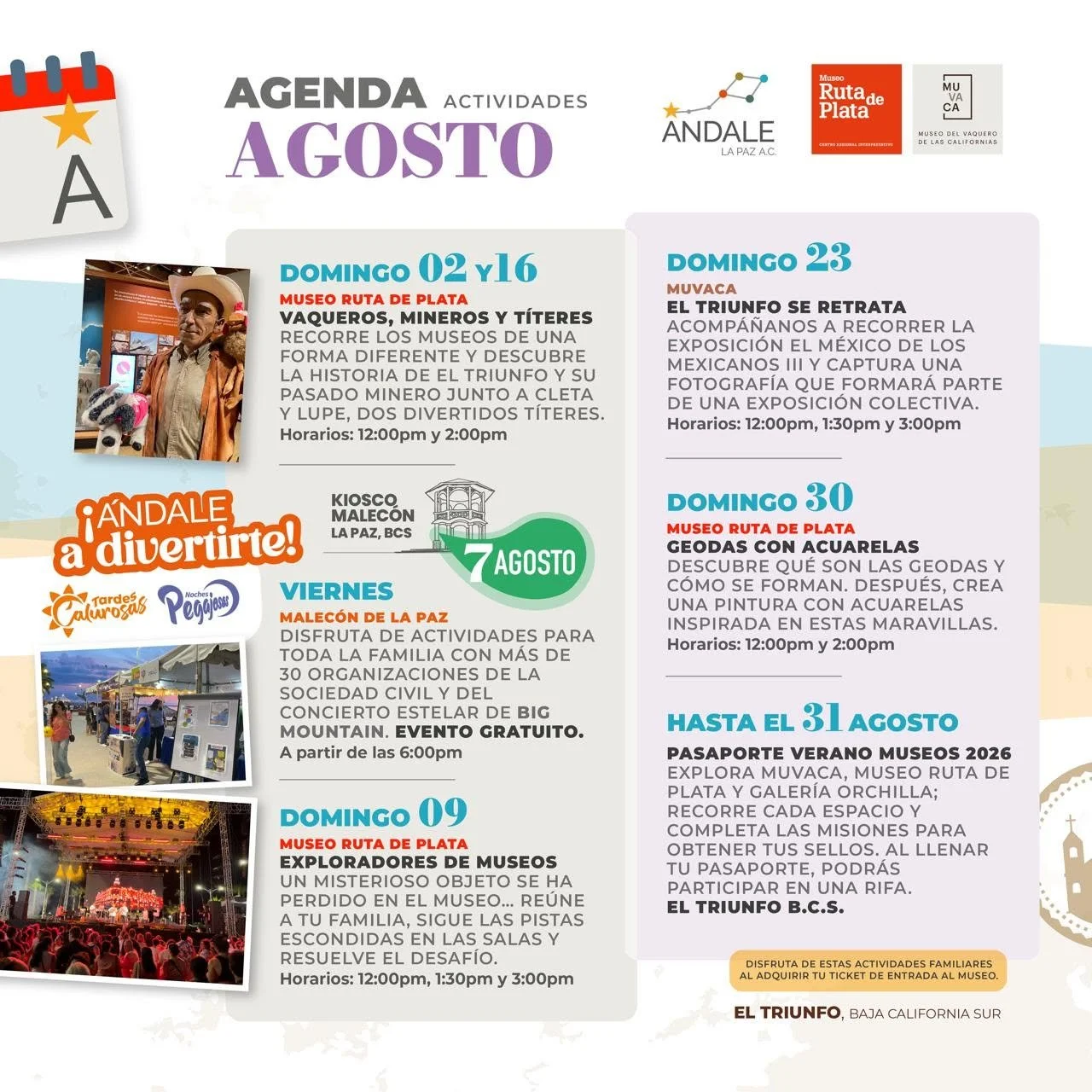 Calendario de actividades de Ándale La Paz en el municipio de La Paz para agosto de 2026.