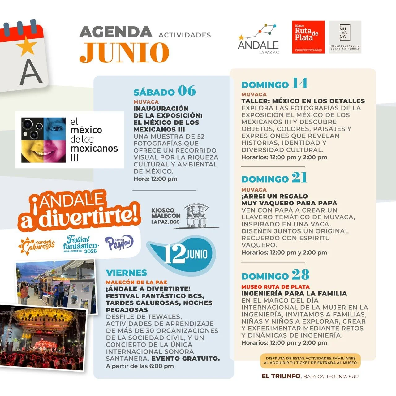 Calendario de actividades de Ándale La Paz para junio de 2026.