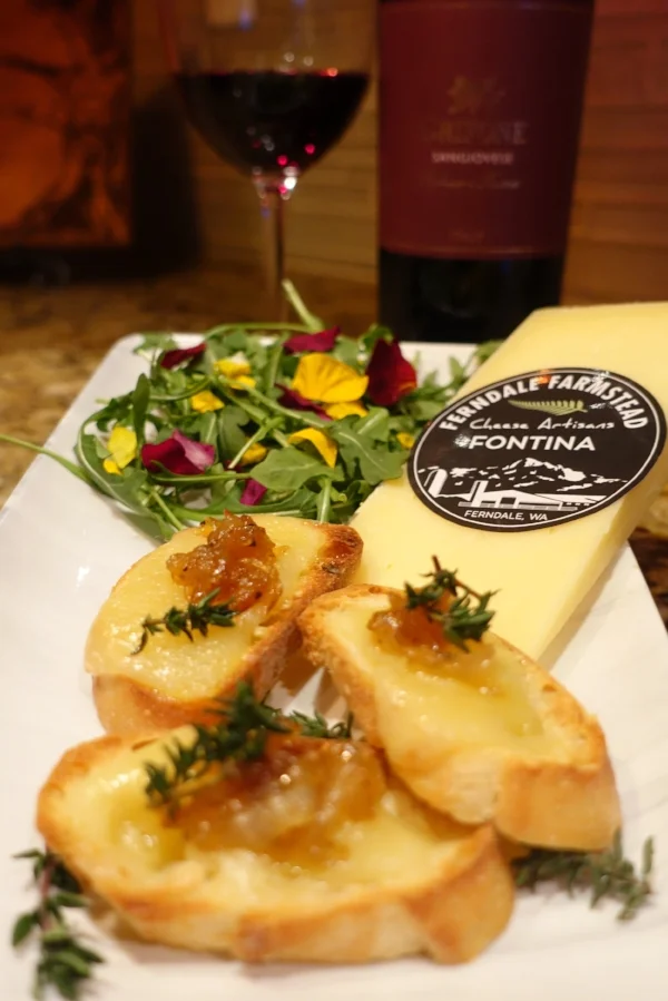 Caramelized onions, thyme, &amp; Ferndale Farmstead Fontina Crostini