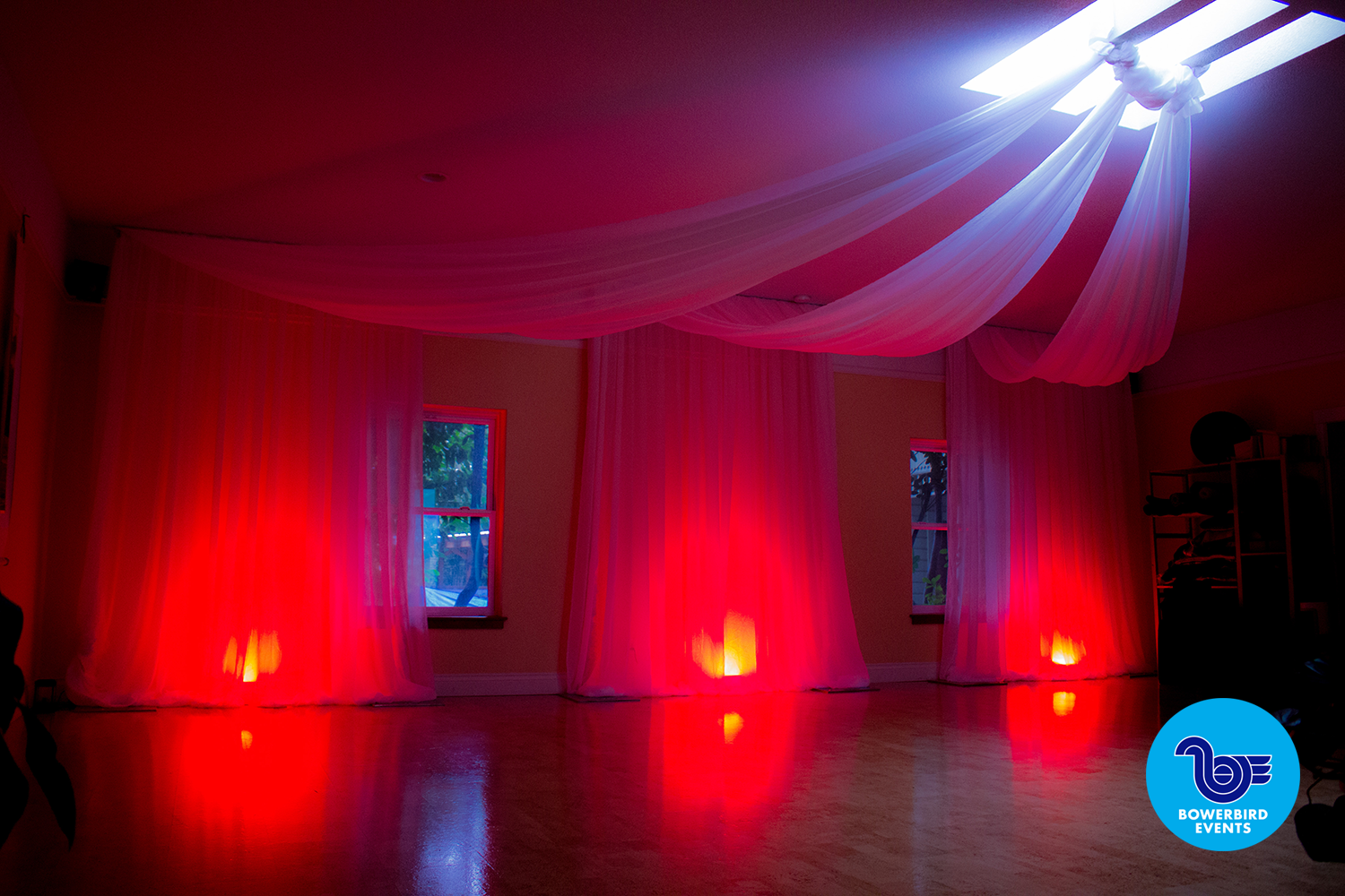 White crushed sheer with Red LED uplighting