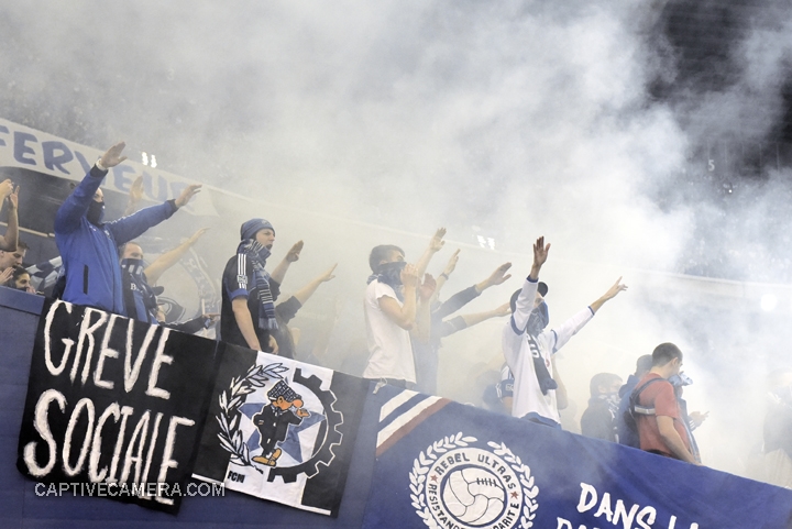  Montreal, Canada - April 29, 2015: Smoke bombs marked the kickoff of the Champions league final match at Olympic stadium. 